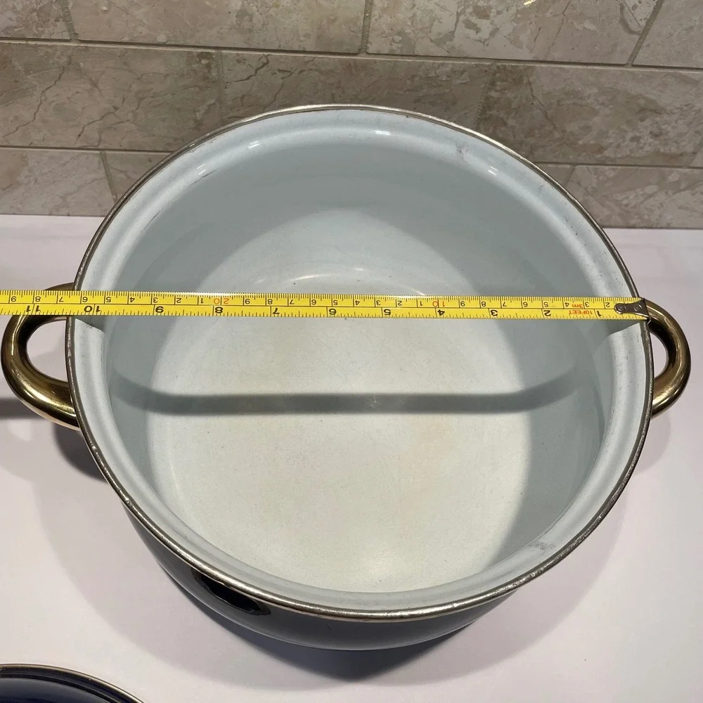 Vintage Cobalt Blue Enamel Stock Pot Gold Handles‎ Dutch Oven with Lid 10 Inch